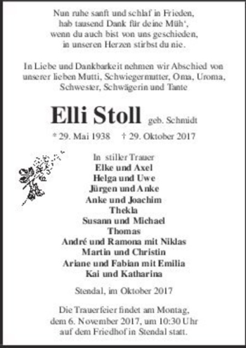 Traueranzeige von Elli Stoll (geb. Schmidt)  von Magdeburger Volksstimme
