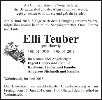 Traueranzeige von Elli Teuber (geb. Hartwig)  von Magdeburger Volksstimme