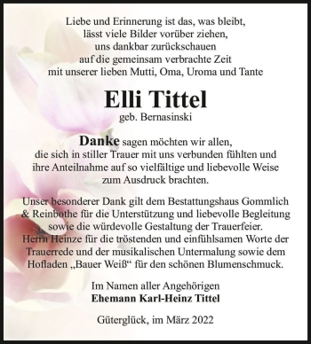 Traueranzeige von Elli Tittel (geb. Bernasinski)  von Magdeburger Volksstimme