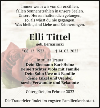 Traueranzeige von Elli Tittel (geb. Bernasinski)  von Magdeburger Volksstimme
