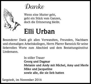 Traueranzeige von Elli Urban  von Magdeburger Volksstimme