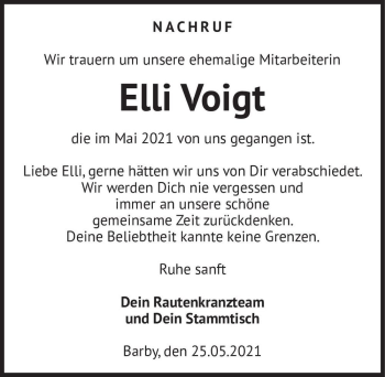 Traueranzeige von Elli Voigt  von Magdeburger Volksstimme