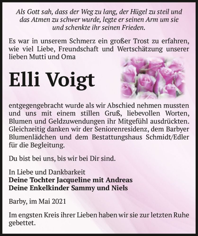  Traueranzeige für Elli Voigt  vom 22.05.2021 aus Magdeburger Volksstimme