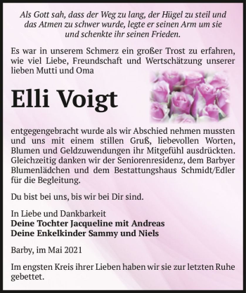 Traueranzeige von Elli Voigt  von Magdeburger Volksstimme
