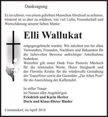 Traueranzeige von Elli Wallukat  von Magdeburger Volksstimme
