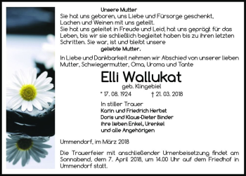 Traueranzeige von Elli Wallukat (geb. Klingebiel)  von Magdeburger Volksstimme