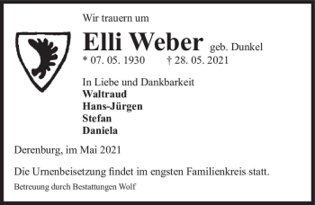 Traueranzeige von Elli Weber (geb. Dunkel)  von Magdeburger Volksstimme