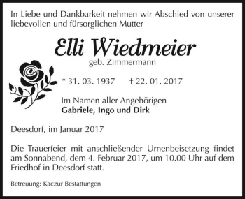 Traueranzeige von Elli Wiedmeier (geb. Zimmermann)  von Magdeburger Volksstimme