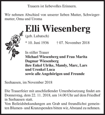 Traueranzeige von Elli Wiesenberg (geb. Lubatsch)  von Magdeburger Volksstimme