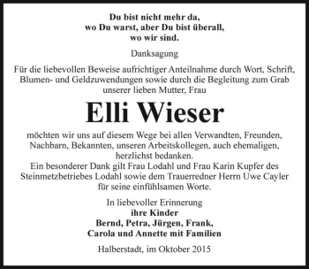 Traueranzeige von Elli Wieser  von Magdeburger Volksstimme