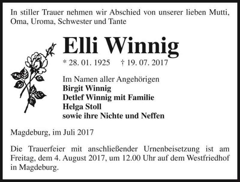  Traueranzeige für Elli Winnig  vom 22.07.2017 aus Magdeburger Volksstimme