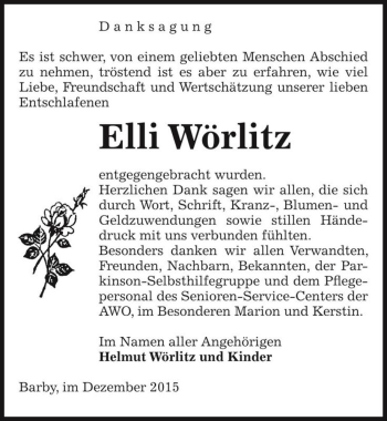 Traueranzeige von Elli Wörlitz  von Magdeburger Volksstimme