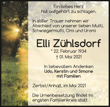Traueranzeige von Elli Zühlsdorf  von Magdeburger Volksstimme