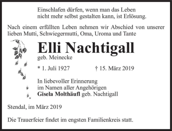Traueranzeige von Ellie Nachtigall (geb. Meinecke)  von Magdeburger Volksstimme