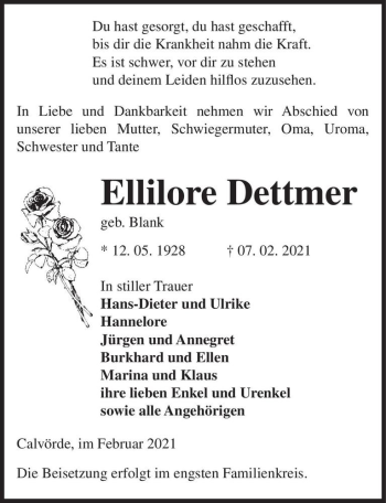 Traueranzeige von Ellilore Detttmer (geb. Blank)  von Magdeburger Volksstimme