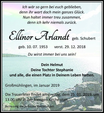 Traueranzeige von Ellinor Arlandt (geb. Schubert)  von Magdeburger Volksstimme