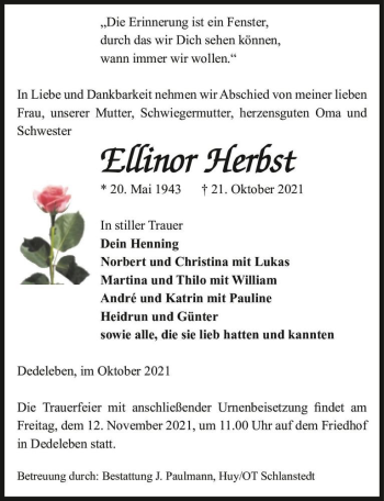 Traueranzeige von Ellinor Herbst  von Magdeburger Volksstimme