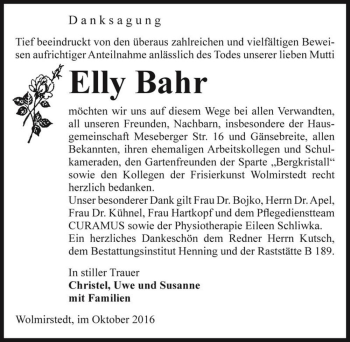 Traueranzeige von Elly Bahr  von Magdeburger Volksstimme