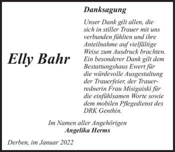 Traueranzeige von Elly Bahr  von Magdeburger Volksstimme