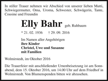 Traueranzeige von Elly Bahr (geb. Ruhbaum)  von Magdeburger Volksstimme