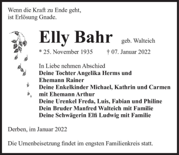 Traueranzeige von Elly Bahr (geb. Walteich)  von Magdeburger Volksstimme