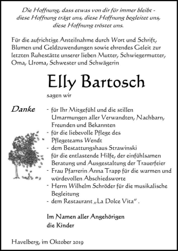 Traueranzeige von Elly Bartosch  von Magdeburger Volksstimme