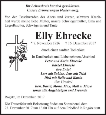 Traueranzeige von Elly Ehrecke  von Magdeburger Volksstimme
