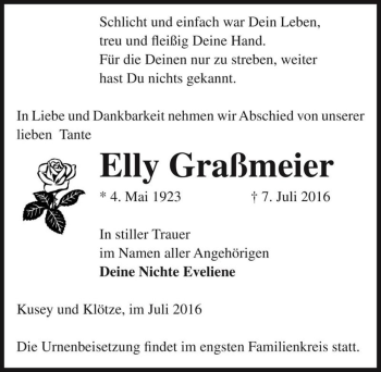 Traueranzeige von Elly Graßmeier  von Magdeburger Volksstimme