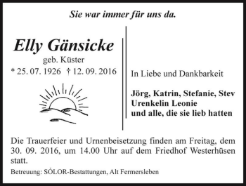 Traueranzeige von Elly Gänsicke (geb. Küster)  von Magdeburger Volksstimme
