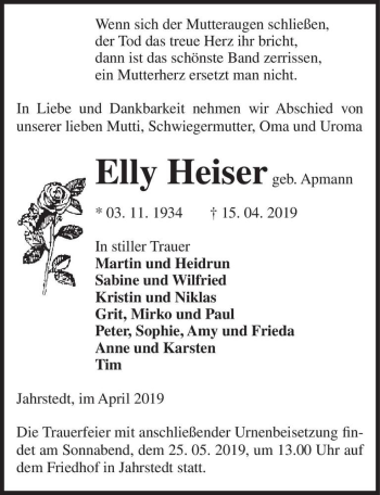 Traueranzeige von Elly Heiser (geb. Apmann)  von Magdeburger Volksstimme