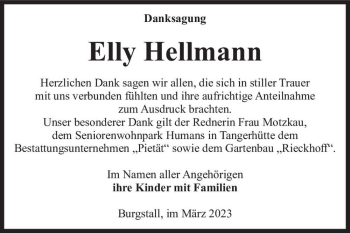 Traueranzeige von Elly Hellmann  von Magdeburger Volksstimme