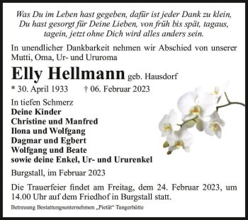 Traueranzeige von Elly Hellmann (geb. Hausdorf)  von Magdeburger Volksstimme