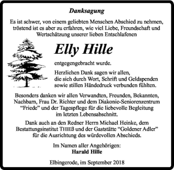 Traueranzeige von Elly Hille  von Magdeburger Volksstimme