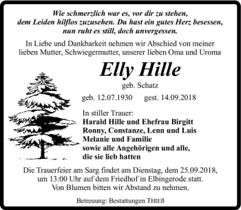 Traueranzeige von Elly Hille (geb. Schatz)  von Magdeburger Volksstimme