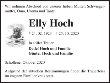Traueranzeige von Elly Hoch  von Magdeburger Volksstimme