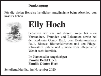 Traueranzeige von Elly Hoch  von Magdeburger Volksstimme