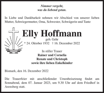 Traueranzeige von Elly Hoffmann (geb. Gehr)  von Magdeburger Volksstimme