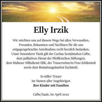 Traueranzeige von Elly Irzik  von Magdeburger Volksstimme