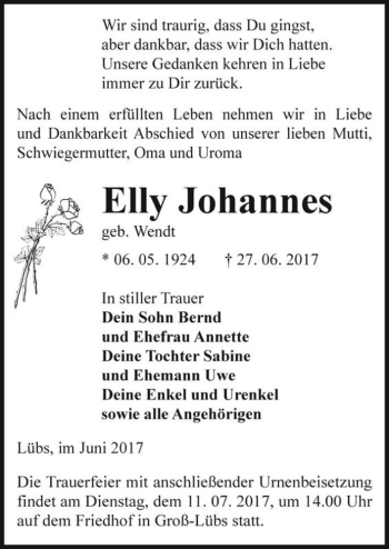Traueranzeige von Elly Johannes (geb. Wendt)  von Magdeburger Volksstimme
