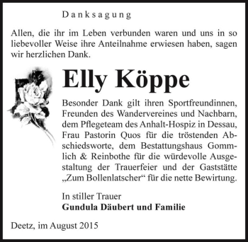 Traueranzeige von Elly Köppe  von Magdeburger Volksstimme