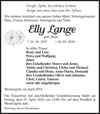 Traueranzeige von Elly Lange (geb. Noch)  von Magdeburger Volksstimme