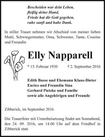 Traueranzeige von Elly Napparell  von Magdeburger Volksstimme