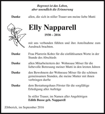 Traueranzeige von Elly Napparell  von Magdeburger Volksstimme