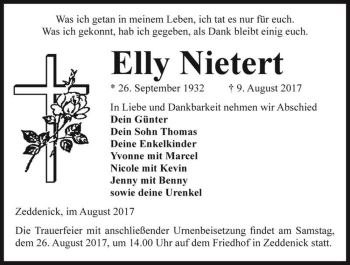 Traueranzeige von Elly Nietert  von Magdeburger Volksstimme