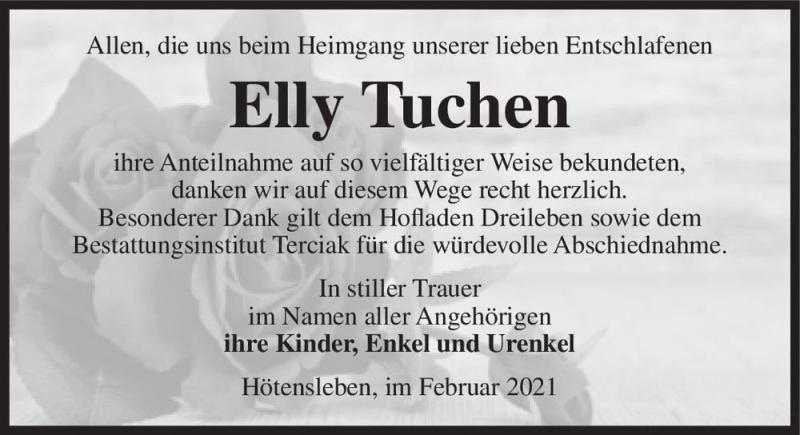 Traueranzeige für Elly Tuchen  vom 13.02.2021 aus Magdeburger Volksstimme