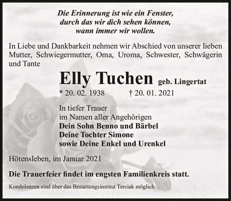  Traueranzeige für Elly Tuchen (geb. Lingertat)  vom 30.01.2021 aus Magdeburger Volksstimme