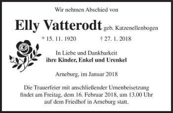 Traueranzeige von Elly Vatterodt (geb. Katzenellenbogen)  von Magdeburger Volksstimme