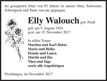Traueranzeige von Elly Walouch (geb. Prieß)  von Magdeburger Volksstimme