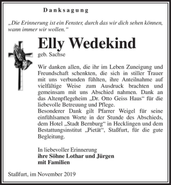 Traueranzeige von Elly Wedekind (geb. Sachse)  von Magdeburger Volksstimme