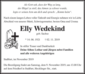 Traueranzeige von Elly Wedekind (geb. Sachse)  von Magdeburger Volksstimme